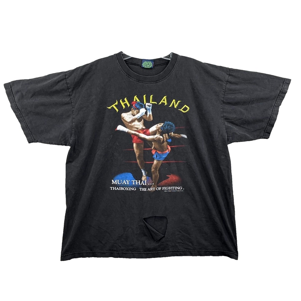 Vintage Joligolf T Shirt Mens‎ XL Black Graphic Print Thailand Muay Thai Boxing
